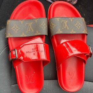 Louis Vuitton Red and Brown Monogram Slides